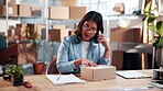 Small business, box or woman with phone call for shipping, parcel tracking or delivery coordination. Supply chain startup, worker or mobile chat with clipboard for order dispatch, courier or enquiry