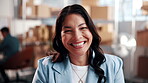 Logistics, face and woman with smile in small business, laughing or confident for stock distribution. Entrepreneur, portrait and happy person with pride, supply chain and shipping cargo in warehouse