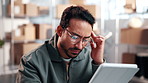 Businessman, logistics and headache with tablet in small business for delivery delay or stress. Man, boxes and glasses with migraine on technology for bad freight schedule or courier app in store