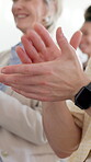 Business, victory or hands in seminar with clapping, achievement and celebration for agency growth. Success, people or employee with conference, crowd applause and motivation for company milestone.