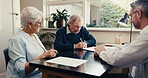 Advisor, old couple and signature at house with document, application and notary for last will. Consultant, meeting and senior people in home with paperwork, contract consent and inheritance annuity