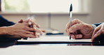 Hands, lawyer and old man with signature on document, application and nomination for last will. Attorney, senior person or writing in office with paperwork, contract agreement and inheritance annuity