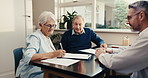 Advisor, old couple and writing at house with document, application and signature for last will. Consultant, meeting and senior people in home with paperwork, contract consent and inheritance annuity