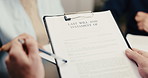 Hands, lawyer and couple at house with document, application and beneficiary for last will. Attorney, reading and people in home with legal contract, testament notary and succession for inheritance