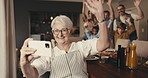 Selfie, happy and senior woman with family in home for relax, bonding or connection together. Smile, love and grandma with people for photography picture with memory or social media in living room.