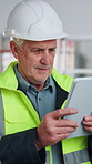 Tablet, reading and construction worker in office for research on maintenance, repairs or building. Digital technology, man and mature civil engineer with email feedback on property development.