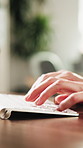 Hands, computer and person typing in office, log compliance report and record keeping. Keyboard, information and consultant at desk for business email, policy regulation and research proposal draft