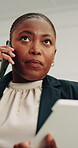 Phone call, tablet and thinking with business black woman in office for financial advice or feedback. App, communication and planning with finance employee in workplace for investment strategy