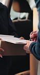 Box, hands and signature of customer for delivery completion, logistics or order fulfillment. Clipboard, pen and signing paperwork with people closeup for distribution, shipping or supply chain