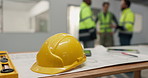 Architect, people or meeting with helmet on construction site for building discussion or planning. Safety, civil engineer or team with PPE, equipment or hard hat for architecture security or strategy