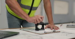 Architect, hands and stamp with clipboard for building approval, sign off or confirmation on site. Person, civil engineer or checklist with imprint for architecture, construction or legal compliance