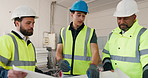 Document, blueprint and planning with construction team, men or layout for maintenance project. Paper, building design and people talking with engineer, schematic review and collaboration at site