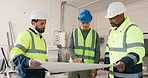 Document, blueprint and planning with construction team, people or layout for maintenance project. Paper, building design and men talking with engineer, explain schematic and collaboration at site