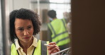 Woman, box and stock in warehouse for inventory details, online order and small business. Person, package and inspection for supply chain, quality control and courier information with distribution