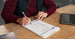 Hands, small business and man with paperwork for signature, inventory management or receipt document. Logistics, person and clipboard for supply chain, ecommerce or delivery invoice for distribution