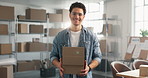 Face, happy or businessman with boxes for logistics or supply chain service in small business. Portrait, male person or smile with courier packages in shop for distribution, delivery or freight