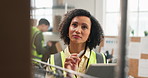 Woman, tablet and stock in warehouse for inventory details, online order and small business. Person, tech and inspection for supply chain, quality control and courier information with distribution