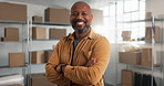 Small business, face and man for supply chain, logistics and distribution service in workshop. Happy, portrait and black person with crossed arms, pride and about us for delivery or shipping supplier
