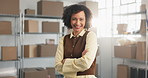 Laugh, face and business woman for supply chain, logistics and distribution service in workshop. Happy, portrait and person with crossed arms, pride and about us for delivery or shipping supplier