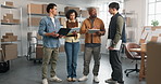 People, logistics and meeting with tablet in small business store for delivery schedule or tasks. Group, employees or discussion with technology or boxes for distribution or courier service in shop