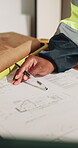 Thinking, blueprint and engineer with hands of person in building for layout, expansion and architect. Remodeling, floor plan and project sketch with contractor for construction site and vision