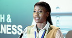Expert, woman and speaking in seminar with presentation, health and wellness trade show for advice. Black person, talk or screen in convention with healthcare proposal, medical innovation or research
