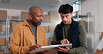 Clipboard, tablet and men in warehouse for supply chain, distribution and shipping schedule. Meeting, workshop and people on tech for inventory checklist for logistics, courier service and delivery