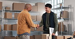 Happy, businessmen and handshake with tablet in logistics for supply chain deal or partnership. Male people, employees or colleagues shaking hands with smile, boxes or technology for b2b or agreement