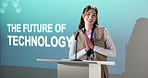 Business, woman and speaking in seminar with presentation, projector or advice for future technology. Person, talk and proposal in conference for digital transformation, innovation and IT convention.