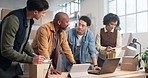 Office, team and people on tech for supply chain, shipping schedule and planning for logistics. Clipboard, meeting and workers on laptop with inventory list for distribution, delivery report or order