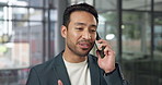 Businessman, negotiation or smile with phone call in office for online advice or consultation. Happy, man or sale representative talking with smartphone for company deal or communication in workplace