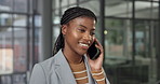 Business, conversation and black woman with phone call in office for online advice or consultation. Female person, sale representative or talking with smile on smartphone for deal or work negotiation