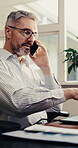 Explain, finance and phone call with business man in office for advice, consulting or feedback. Communication, corporate and investment with mature financial advisor at work for risk management