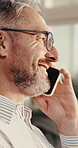 Finance, happy and phone call with business man in office for advice, consulting or feedback. Communication, conversation and smile with mature financial advisor at work for investment management
