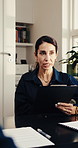 Woman, lawyer and discussion with clipboard in office for legal advice, proposal or application. Female person, attorney or talking with client or documents for contract agreement or opportunity