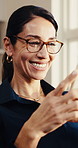 Typing, office and happy woman with phone for social media, network or business connection. Female person, employee or smile with smartphone for online chatting app, website or texting in workplace