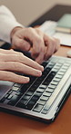 Hands, administrator or typing with laptop in office for schedule planning, email or online report. Closeup, employee or data capturer with person, computer or keypad for business agenda or work task