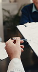 Lawyer, hands or document with contract for legal advice, agreement or testament in office. Person, attorney or advisor with clipboard or paperwork for law testimony, deal or application in workplace