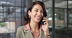Business, conversation or happy woman with phone call in office for online advice or consultation. Female person, sale representative or talking with laugh on smartphone for deal, chat or negotiation