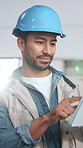 Construction, development and tablet with happy man on building site for project management. App, architecture and planning with property developer on worksite for civil engineering or research