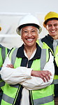 Face, woman and engineer with construction team, development and leadership in building. Arms crossed, happy person and mature project manager with collaboration, authority and about us at site