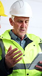 Development, tablet and teamwork with builder group on worksite together for meeting or planning. App, construction and project management with civil engineer people on building site for architecture