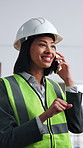 Engineer, woman and talk on site with phone call, planning and instructions for property development. Person, explain engineering and advice in building with tech, contact and infrastructure project.