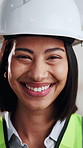 Face, woman and architect at construction site, smile and laugh for development with safety helmet. Portrait, happy person and civil engineering professional with ppe in building, pride and about us