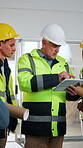 Construction, tablet and teamwork with builder group on worksite together for meeting or planning. App, development and project management with civil engineer people on building site for architecture