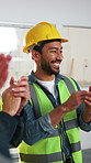 Builder, man and team at construction site with applause, smile or progress for property development. Happy, person or group clapping in building with renovation success, celebration or project goals