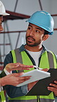 Clipboard, tablet and teamwork with builder people on worksite for meeting, planning or update. App, paperwork and project management with civil engineers on building site together for architecture