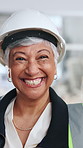 Face, woman and engineer at construction site with safety helmet, smile and protection standards. Mature, happy person and professional contractor with gear for development compliance in building