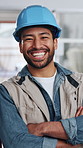 Construction, face and man with arms crossed, site planner and about us in renovation project. Happy, hardhat and engineer with laugh, contractor profession and confidence in building remodeling.