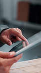 Hands, tablet and person in small business for distribution, ecommerce or supply chain service. Entrepreneur, supplier or tech in workshop for export, startup growth or stock inventory for logistics
